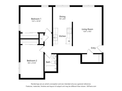 Floor plan for 2 beds, 1 bath, 851 sqft